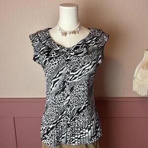 ruffle animal print button up blouse  milano sz small black white office siren